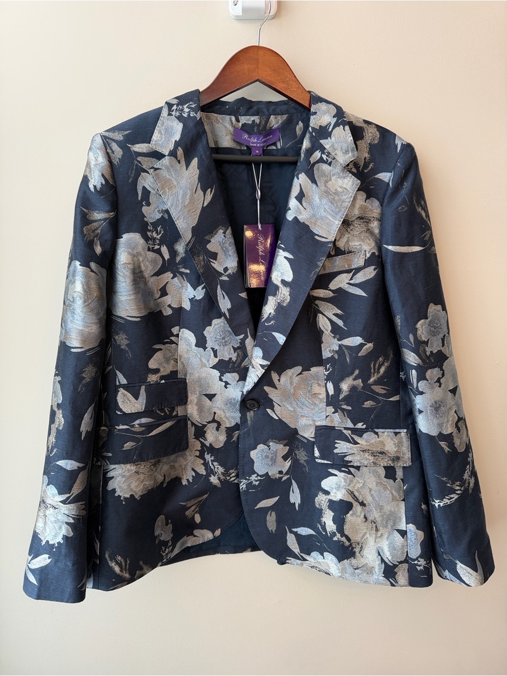 Ralph Lauren Collection Parker Floral Jacquard Jacket Navy Silver Size 16 - Picture 2 of 15